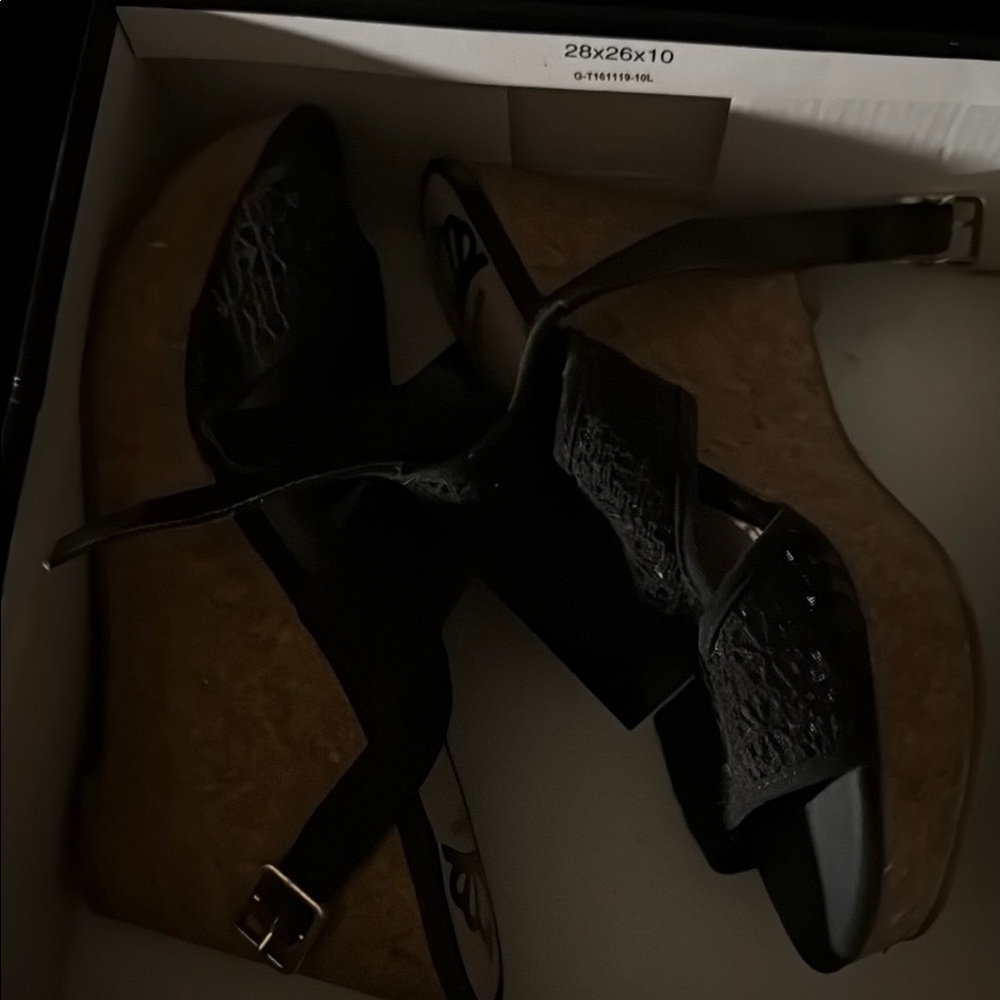 Black Wedge Sandals with Cork Heel
